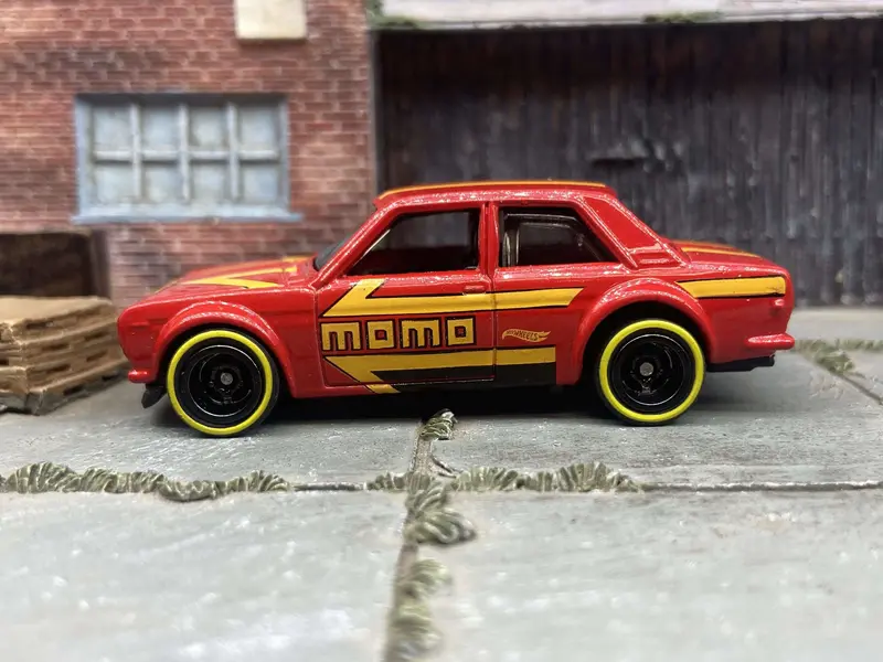 Custom Hot Wheels Datsun Bluebird 510 Race Car In Momo Red With Black 5 Spoke Deep Dish Wheels With Yellow Line Rubber Tires 1