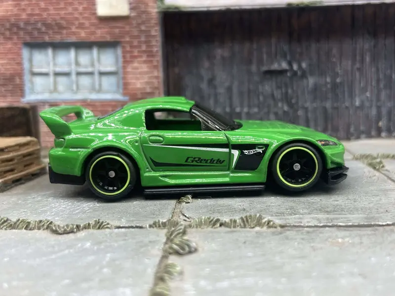 Custom Hot Wheels Honda S2000 In Green With Black And Green 6 Spoke Studded Racing Wheels With Rubber Tires 1