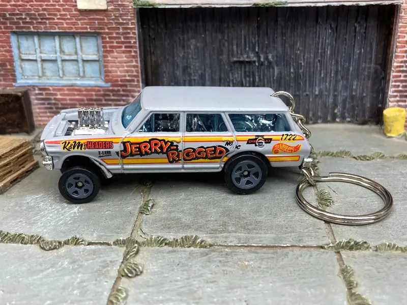 Custom Hot Wheels Keychain - Key Chain - Zipper Pull - 1964 Chevy Nova Station Wagon Gasser Gray 1