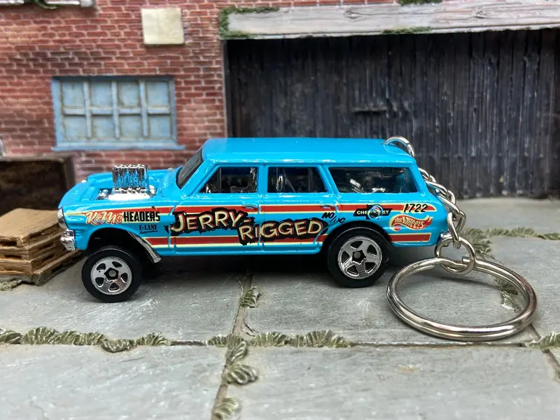 Custom Hot Wheels Keychain - Key Chain - Zipper Pull - 1964 Chevy Nova Station Wagon Gasser Light Blue 1