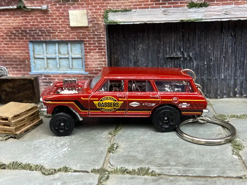 Custom Hot Wheels Keychain - Key Chain - Zipper Pull - 1964 Chevy Nova Station Wagon Gasser Light Brown/Red 1