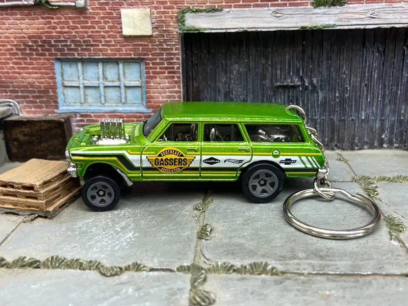 Custom Hot Wheels Keychain - Key Chain - Zipper Pull - 1964 Chevy Nova Station Wagon Gasser Light Green 1