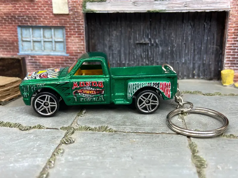 Custom Hot Wheels Keychain - Key Chain - Zipper Pull - 1969 Chevy Pick Up Truck Green With Graphics 1