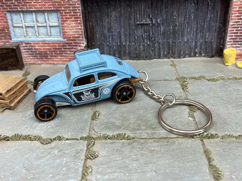 Custom Hot Wheels Keychain - Key Chain - Zipper Pull - Custom Vw Volkswagen Beetle In Primer Blue 1