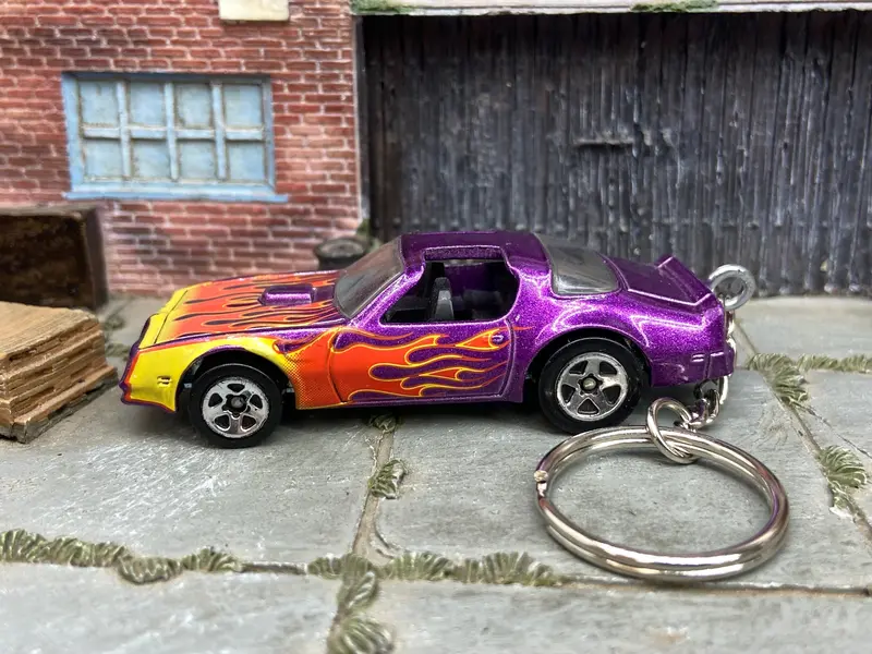 Custom Hot Wheels Keychain - Key Chain - Zipper Pull - Pontiac Firebird In Purple With Flames 1