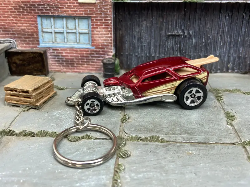 Custom Hot Wheels Keychain - Key Chain - Zipper Pull - Surf Crate Hot Rod In Burgundy 1
