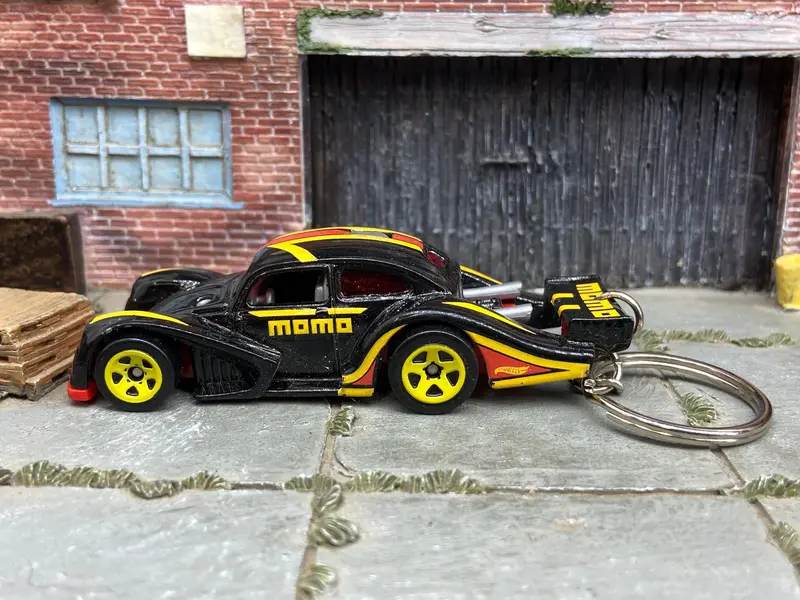 Custom Hot Wheels Keychain - Key Chain - Zipper Pull - Vw Kafer Racer In Momo Black 1