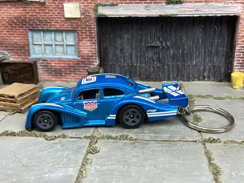 Custom Hot Wheels Keychain - Key Chain - Zipper Pull - Vw Kafer Racer In Urban Outlaw Blue 1