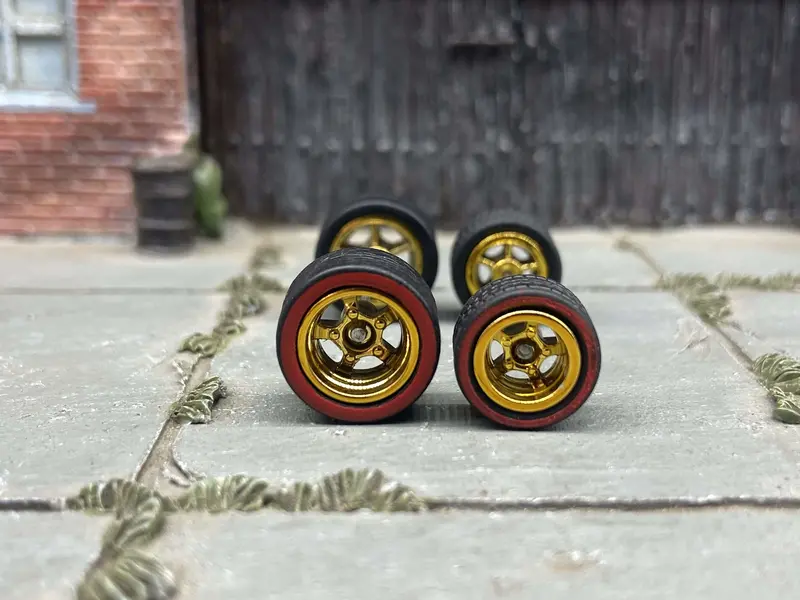 Custom Hot Wheels - Matchbox Rubber Tires & Wheels: Red Line Rubber Tires And Gold 5 Spoke Deep Dish Wheels 10Mm - 12Mm 1