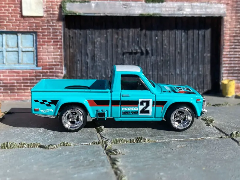 Custom Hot Wheels - Mazda Repu Mini Truck - Teal And White - Chrome 4 Spoke Wheels - Rubber Tires 1