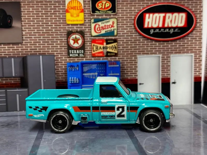 Custom Hot Wheels - Mazda Repu - Teal - Chrome And Black 4 Spoke Wheels - Rubber Tires 1