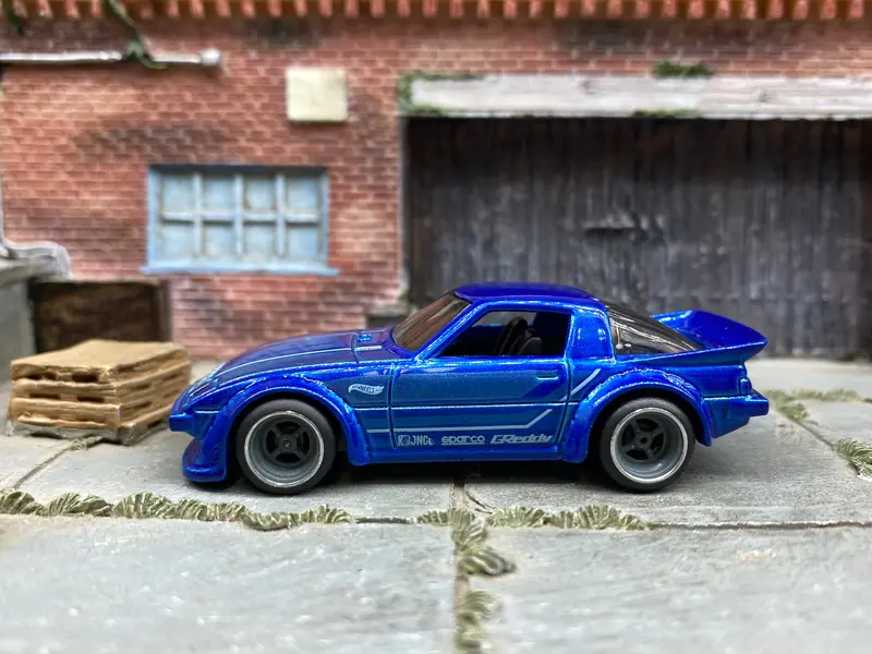 Custom Hot Wheels - Mazda Rx-7 - Blue Greddy - Gray And Chrome 4 Spoke Wheels - Rubber Tires 1