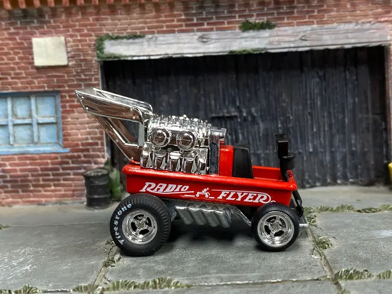 Custom Hot Wheels - Radio Flyer Wagon Drag Car - Red And White - Chrome Mag Wheels - Firestone Rubber Tires 1
