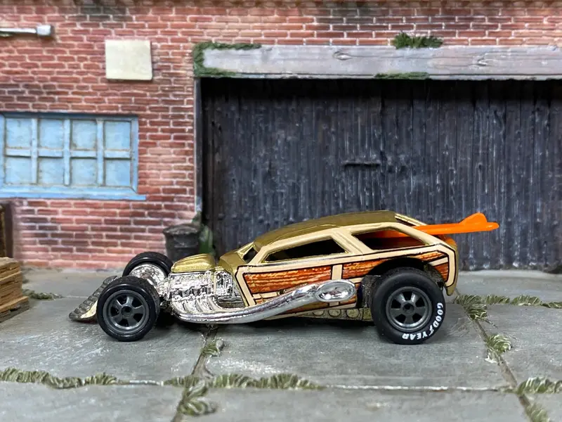 Custom Hot Wheels - Surf Crate Drag Car - Gold - Gray Mags - Goodyear Slicks 1