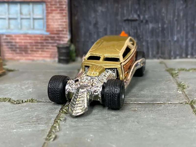 Custom Hot Wheels - Surf Crate Drag Car - Gold - Gray Mags - Goodyear Slicks 2