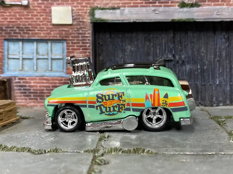 Custom Hot Wheels - Tuned Surf 'N Turf Surf Wagon - Green - Chrome American Racing Wheels - Rubber Tires 1