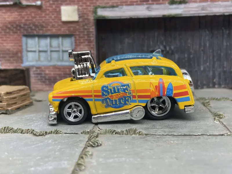 Custom Hot Wheels - Tuned Surf 'N Turf Surf Wagon - Yellow - Chrome American Racing Wheels - Rubber Tires 1