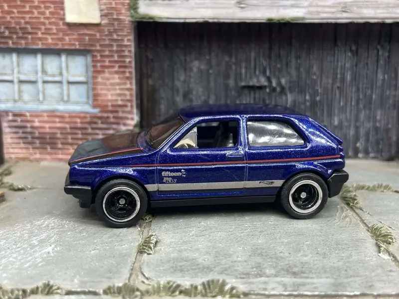 Custom Hot Wheels Vw Volkswagen Golf Mk2 In Blue And Black With Black And Chrome 5 Spoke Wheels With Rubber Tires 1