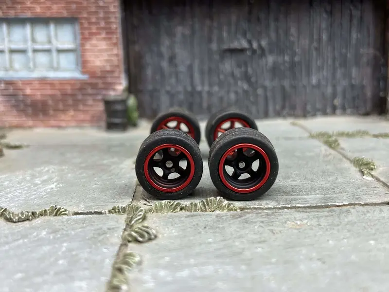 Custom Hot Wheels Wheels And Matchbox Rubber Tires - Black And Red 5 Spoke American Racing Wheels And Rubber Tires 12Mm & 12Mm 1