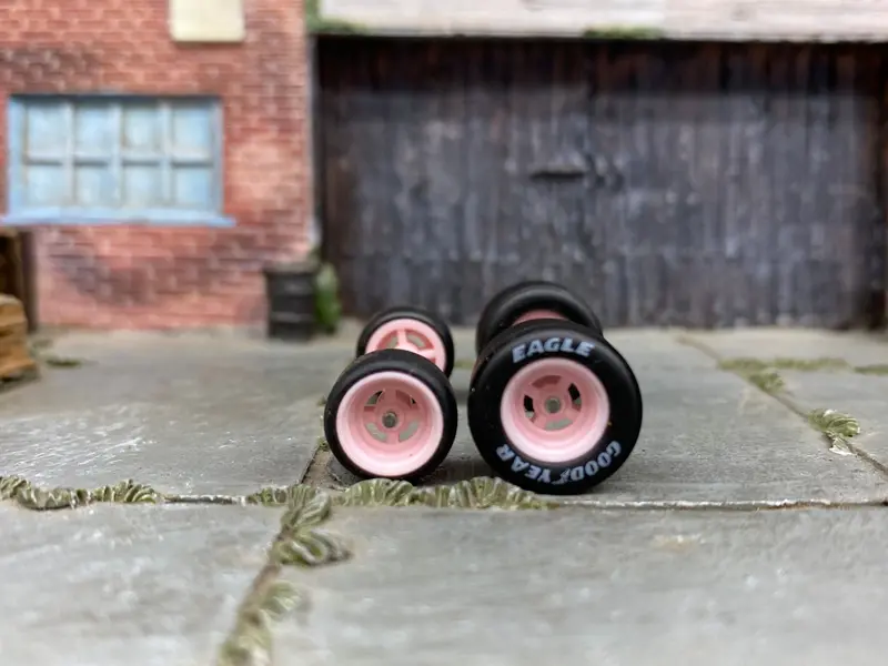 Custom Hot Wheels - Wheels And Matchbox Rubber Tires - Pink 4 Spoke Wheels "Goodyear Eagle" Drag Slicks 1