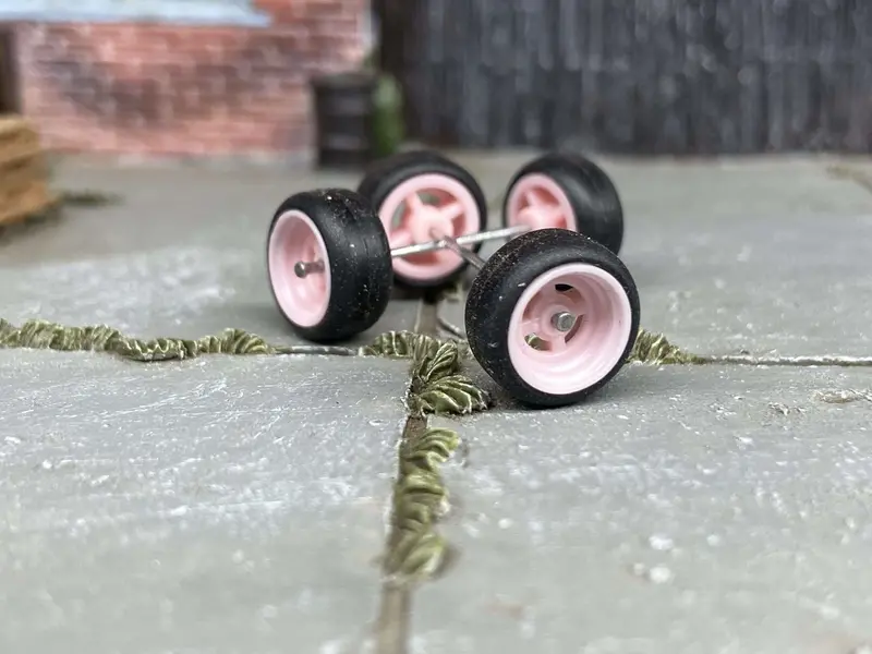 Custom Hot Wheels Wheels And Matchbox Rubber Tires - Pink 4 Spoke Wheels With Black Tires 10Mm & 10Mm 1