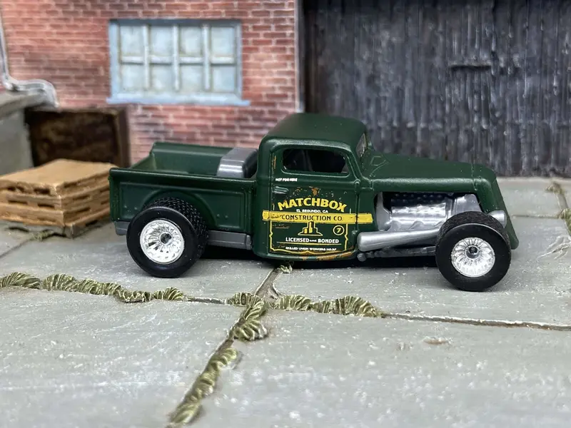 Custom Matchbox - 1935 Ford Pick Up Truck Hot Rod - Satin Green - Chrome Mag Wheels - Rubber Tires 1