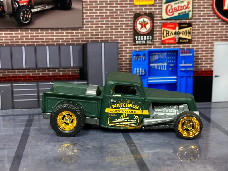 Custom Matchbox - 1935 Ford Pick Up Truck Hot Rod - Satin Green - Gold 4 Spoke Wheels - Slicks 1