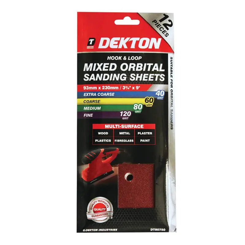 Dekton 12Pc Hook And Loop Mixed Orbital Sanding Sheets 93Mm X 230Mm - Assorted Grit 2