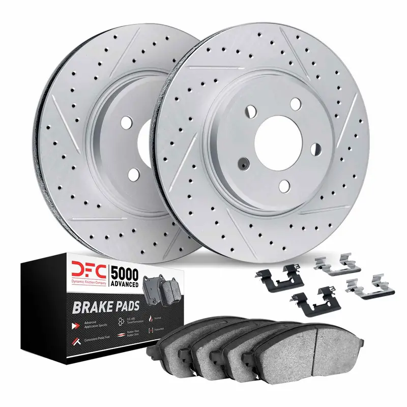 Dynamic Friction 2024-2025 Subaru Impreza Front Drilled & Slotted Geoperformance Rotors 5000 Advanced Pads W/Hardware 1