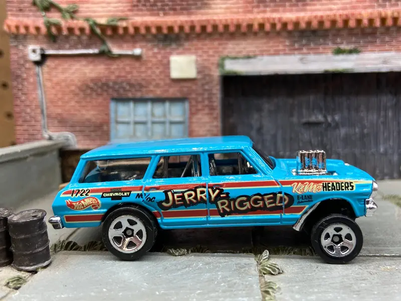 Loose Hot Wheels 1964 Chevy Nova Station Wagon Gasser Dressed In Jerry Rigged Light Blue Livery 1