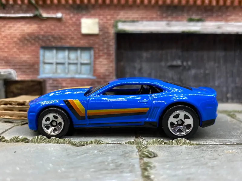 Loose Hot Wheels 2013 Chevy Camaro Copo Drag Car Dressed In Blue, Black, Yellow And Orange 1