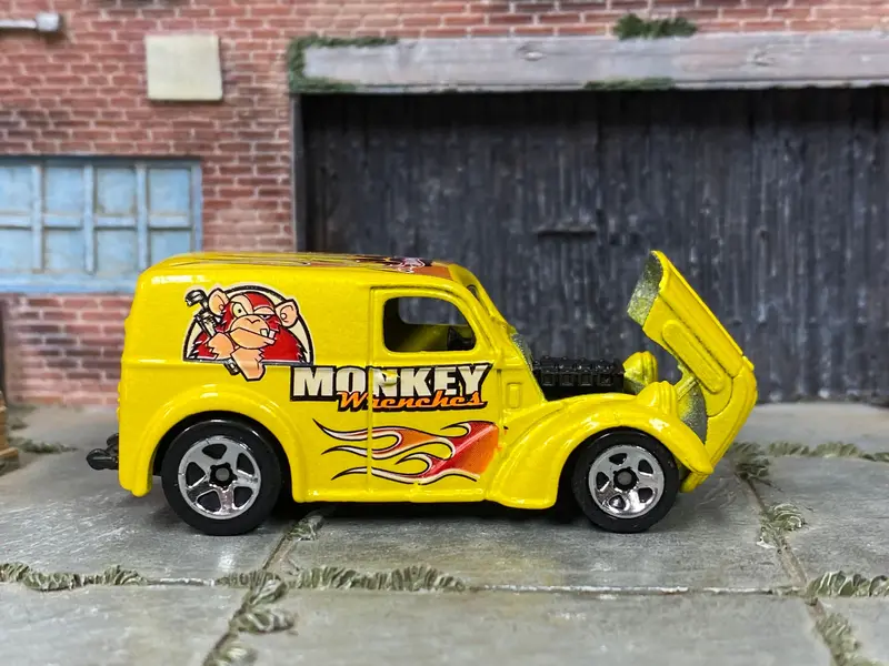 Loose Hot Wheels - Ford Anglia Panel - Yellow Monkey Wrenches With Flames 1